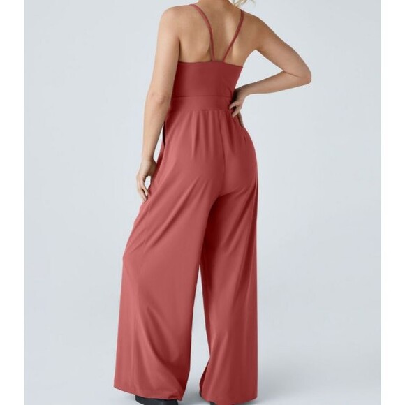 Halara Dusty Red Breezeful Flowy Wide Leg Dressy Jumpsuit With Pockets Sz Small - Picture 12 of 12